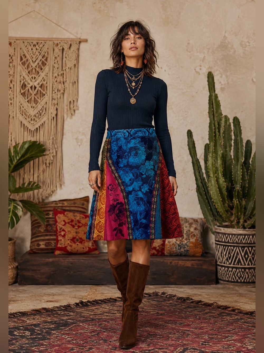 Ivko Jacquard Skirt Brocade Float Pattern Marine 100% merino wool 38  Boho Art